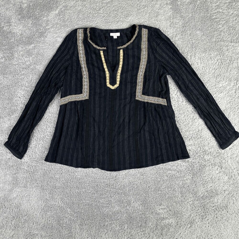 J Jill Women's Long Sleeve V Neck Boho Blouse M Navy Tan Embroidered